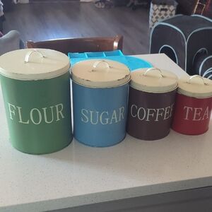 Vintage Kitchen Canister Set - Green, Blue, Brown, Red